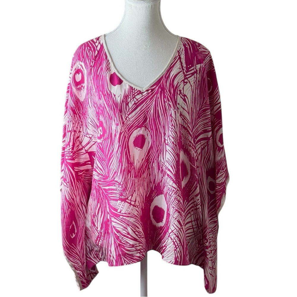 Karen Kane Silk Blouse‎ Womens M Pink Peacock Print Sleeveless USA Flowy Travel